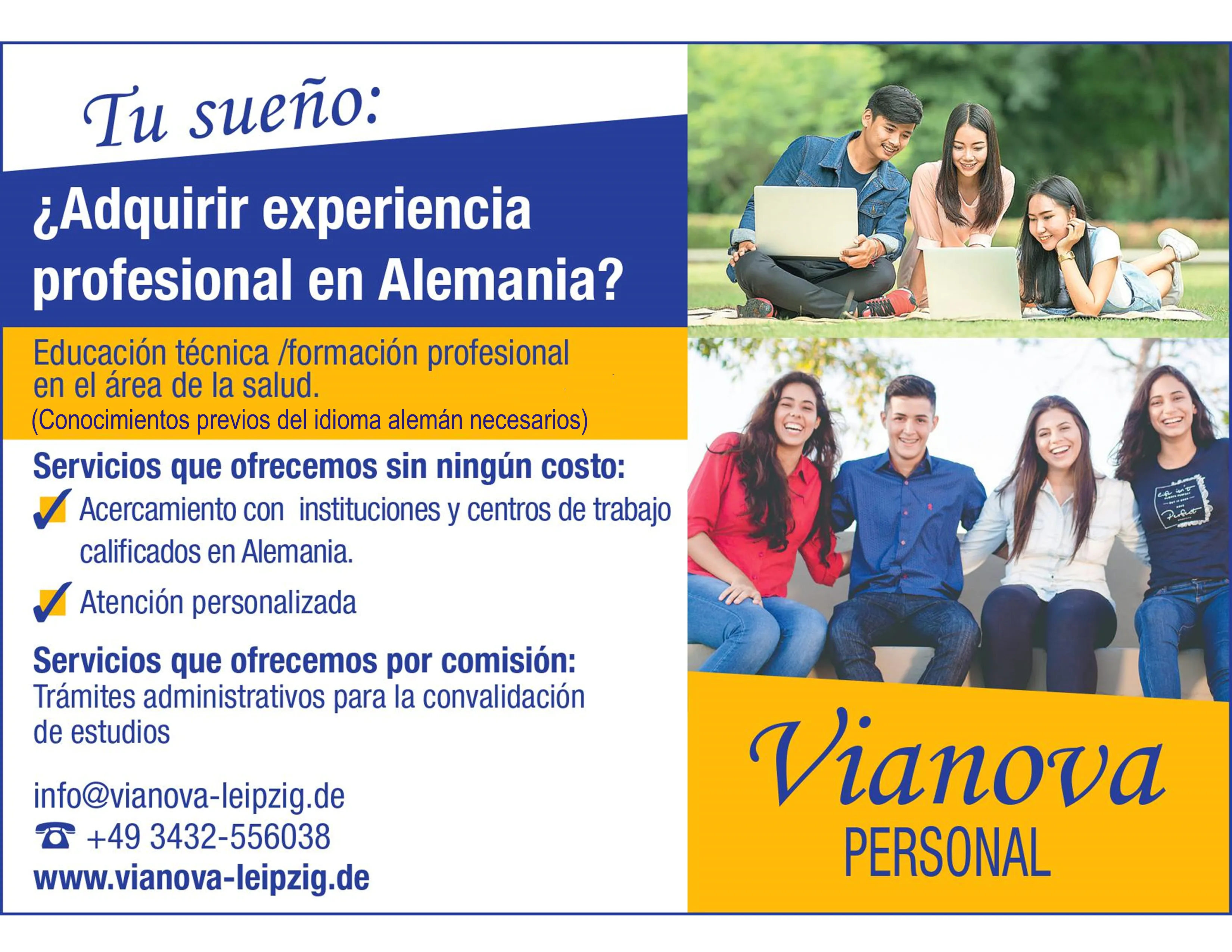 Folleto de Vianova Personal: educación técnica y formación profesional en el área de la salud en Alemania